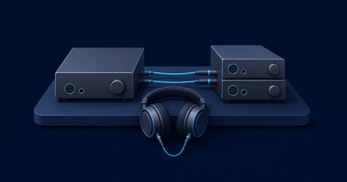 A combo DAC/amp unit sits beside two stacked separate DAC and amp boxes on a dark blue platform, linked by blue cables, with over-ear headphones in front.